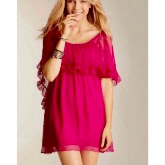 Free People Semi Sheer Babydoll Ruffle Dress Hot Raspberry Boho Romantic Angel - Picture 1 of 5